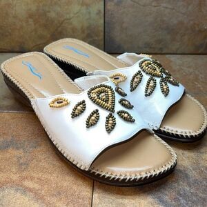 Comfortview Womens White Leather Beaded Block Heel Slide Sandals Size 9 W